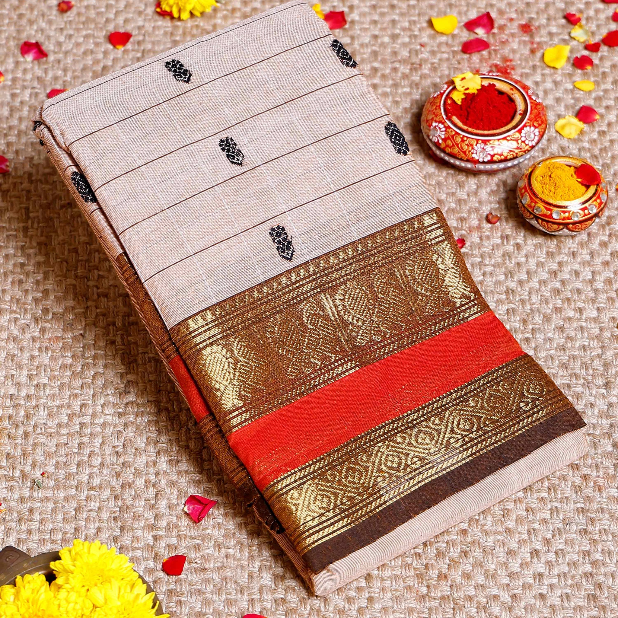 Traditional Chettinad Cotton Saree with Traditional Butta Weave and Zari Border - Sandal