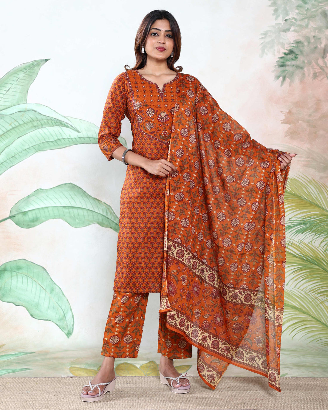 Women’s Printed Readymade Salwar Suit Set with Straight Kurta Matching Pants and Dupatta, Orange
