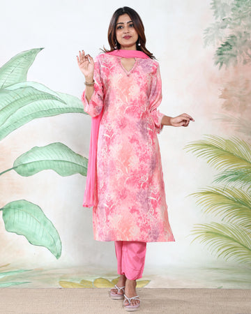 Women’s Readymade Floral Printed Straight Kurta Salwar Suit Set with V-Neckline 3/4th Sleeves and Matching Dupatta - Pink