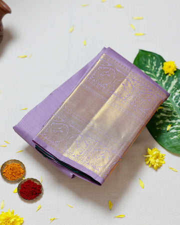 Elegant Kanchipuram Pure Silk Saree with Classic Temple Border and Butta Design - Lavender