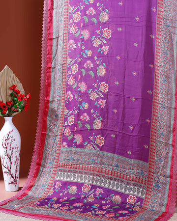Elegant Georgette Saree with Intricate Floral Embroidery and Traditional Patterned Border - Purple