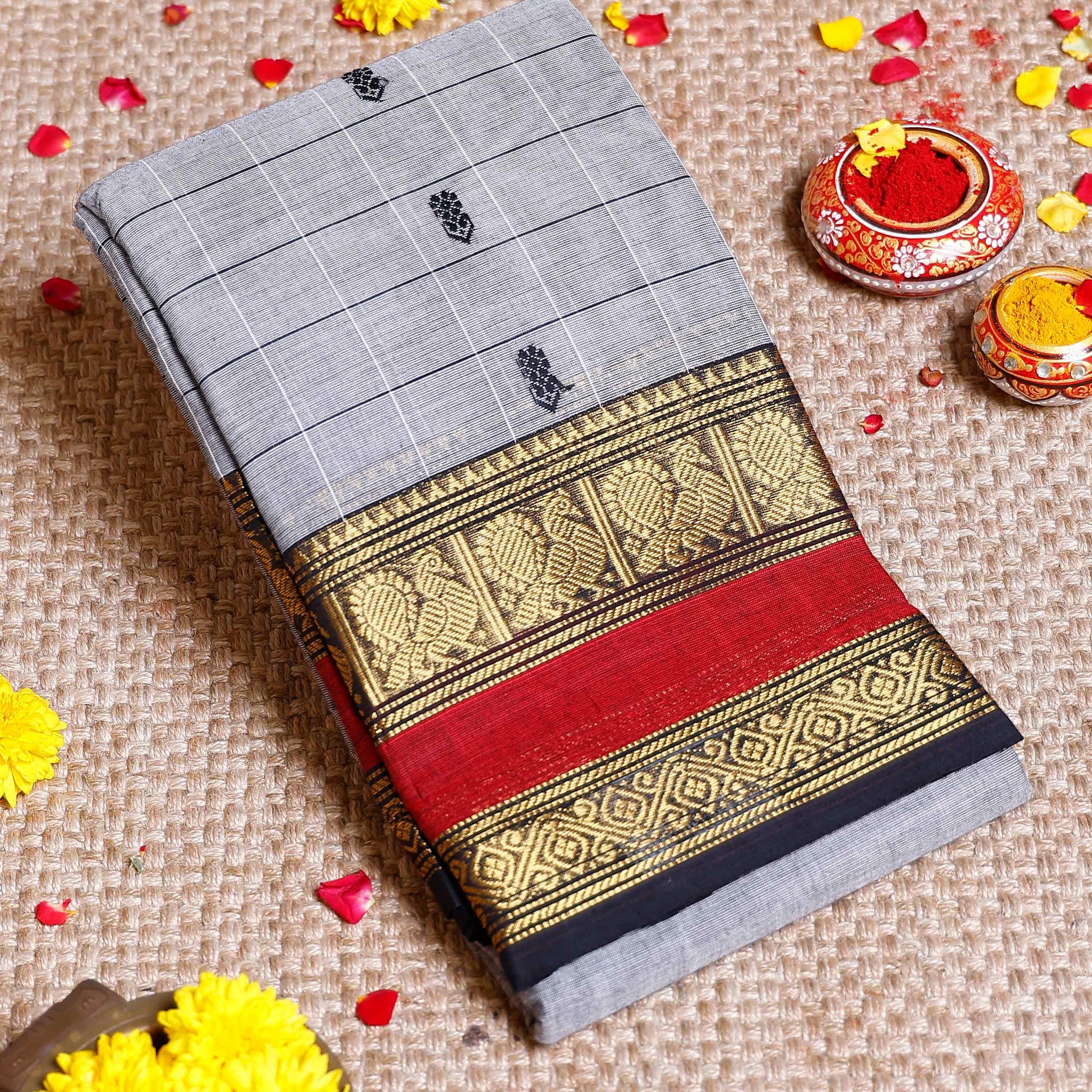 Traditional Chettinad Cotton Saree with Traditional Butta Weave and Zari Border - Grey