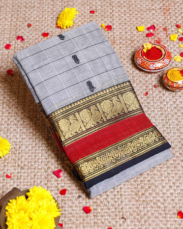 Traditional Chettinad Cotton Saree with Traditional Butta Weave and Zari Border - Grey