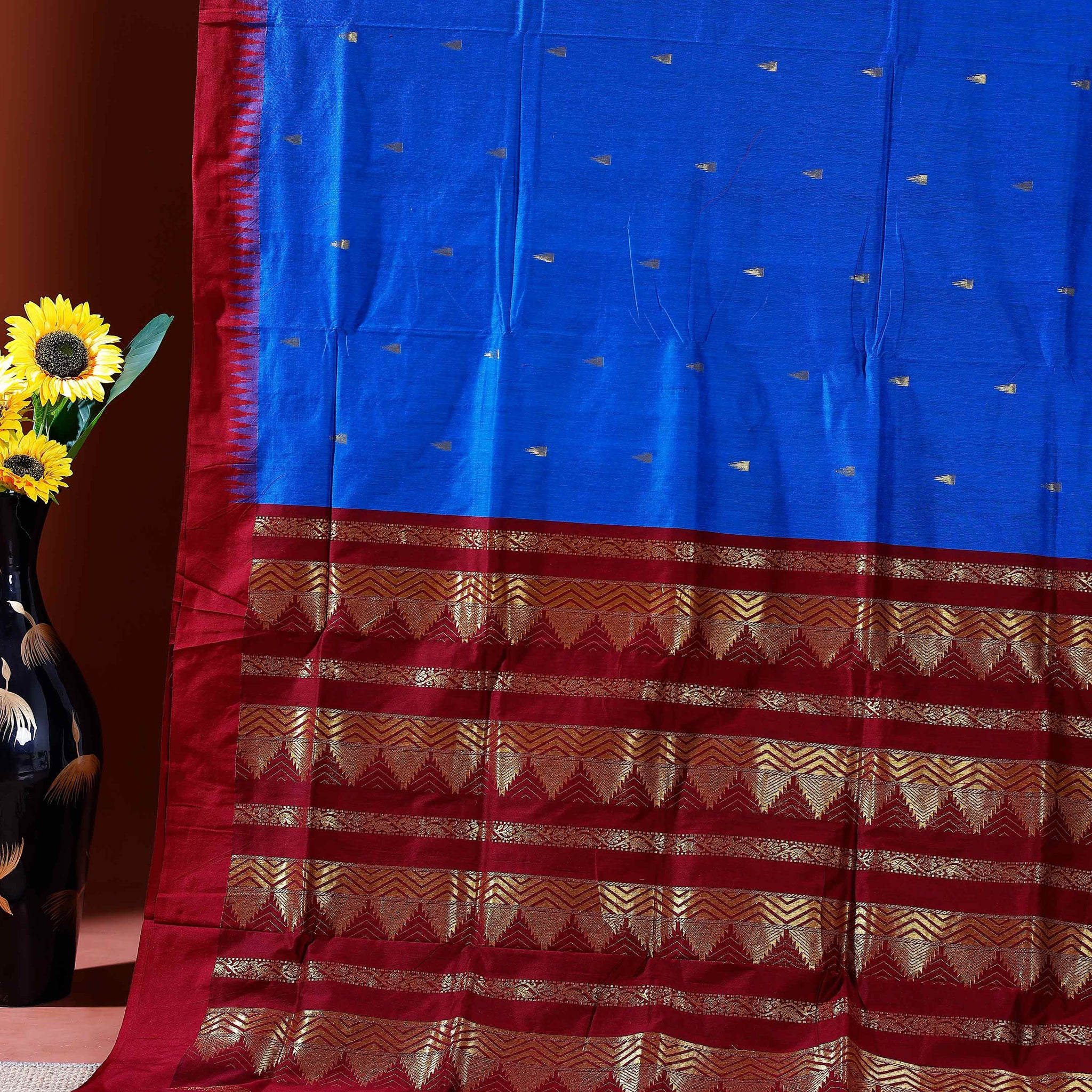 Handloom Kalyani Cotton Saree with Zari Woven Maroon Border and All-over Buttas - Blue