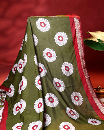 Elegant Semi Chanderi Saree with Floral Motif Print and Contrasting Zari Woven Border - Green