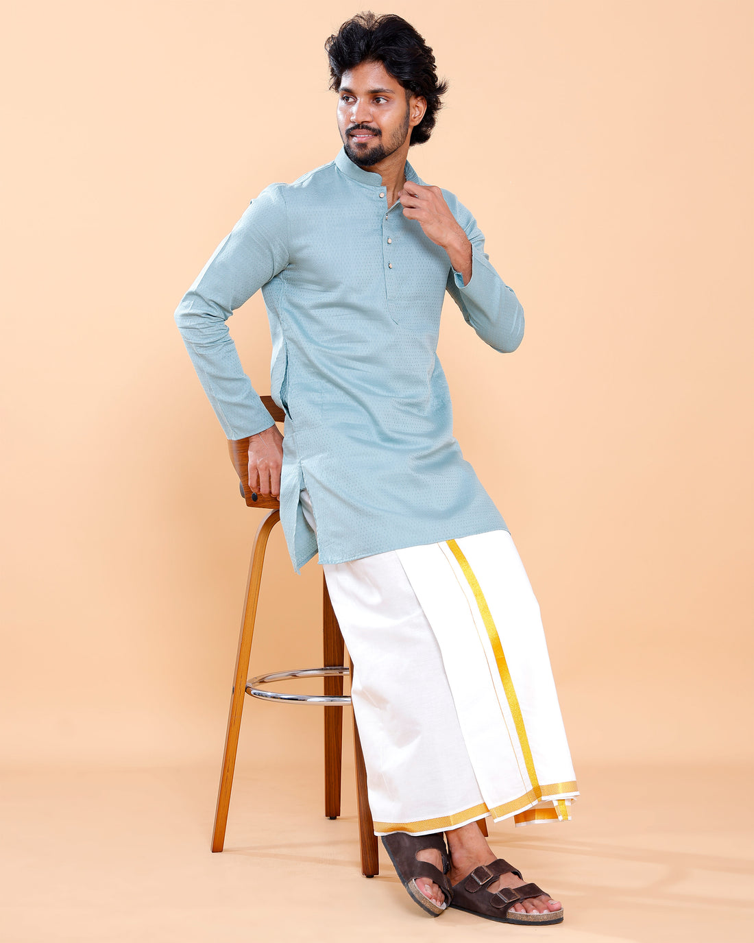 Elegant Men's Woven Design Kurta with Mandarin Collar and Full Sleeves  - Light Blue