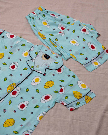 Sky Blue Colour Printed Night Wear