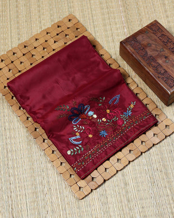 Elegant Hand Embroidered Floral Women’s Blouse Material with Traditional Thread Work Border - Maroon
