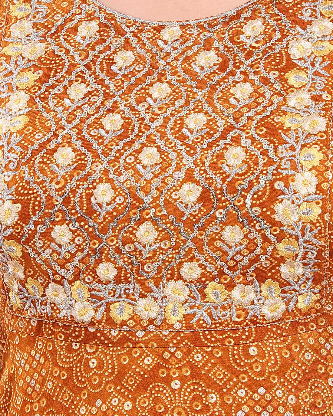 Ethnic Motifs Printed A-Line Kurta with Thread Work - Mustard