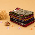 Semi Chanderi Sarees collection with temple figurative borders in multicolor stack folded front view