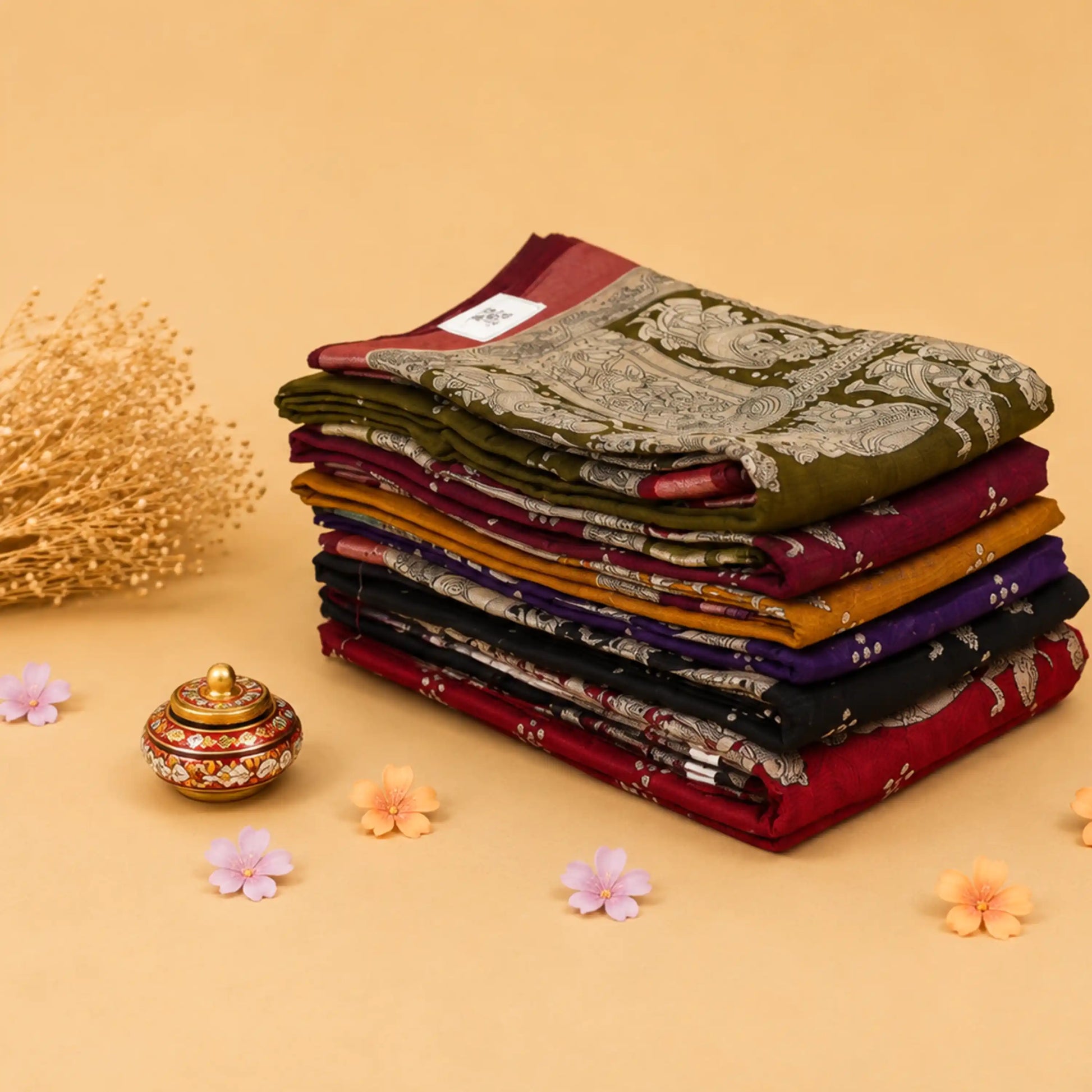 Semi Chanderi Sarees collection with temple figurative borders in multicolor stack folded front view
