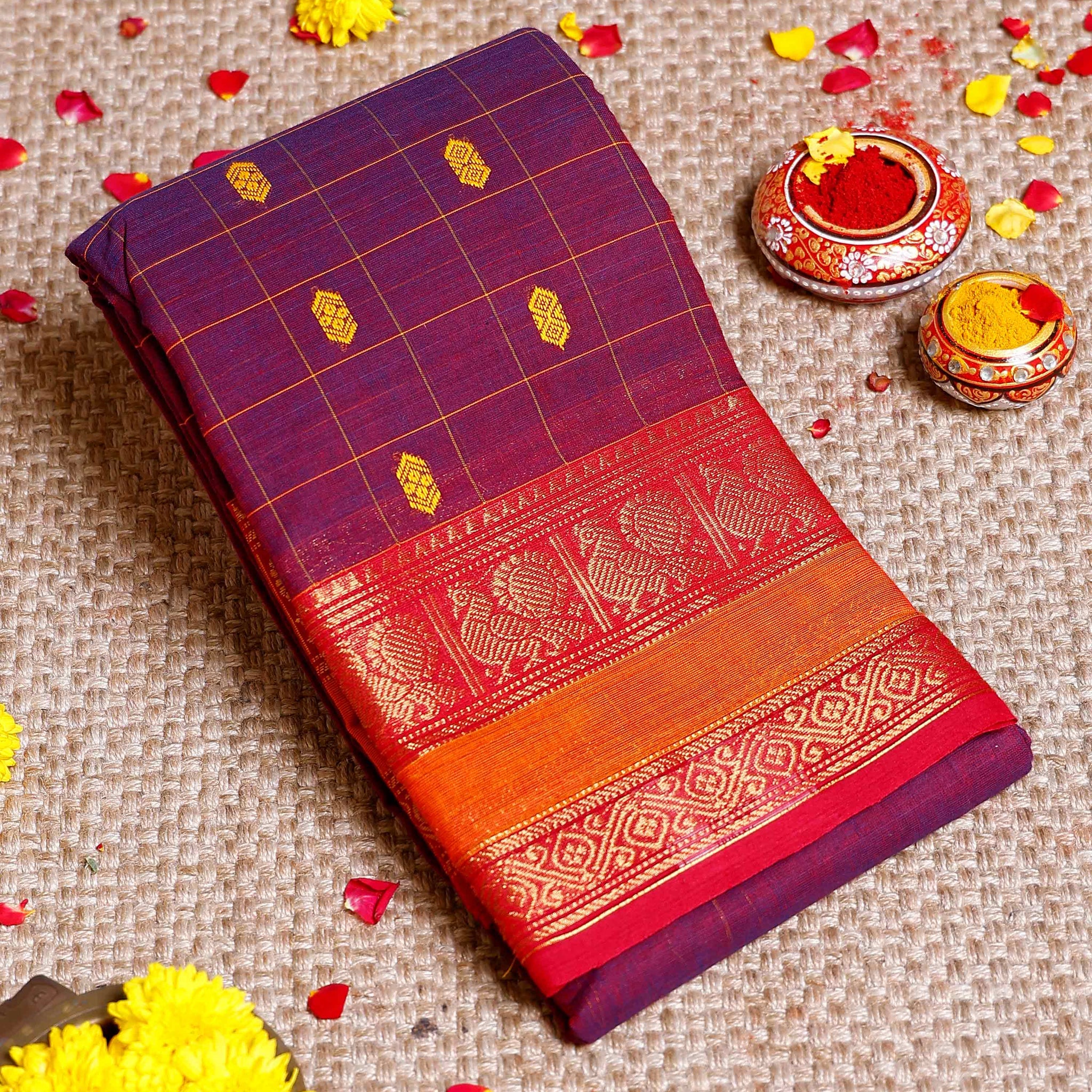Elegant Chettinad Cotton Saree with Traditional Zari Border & Butta Motifs -Maroon