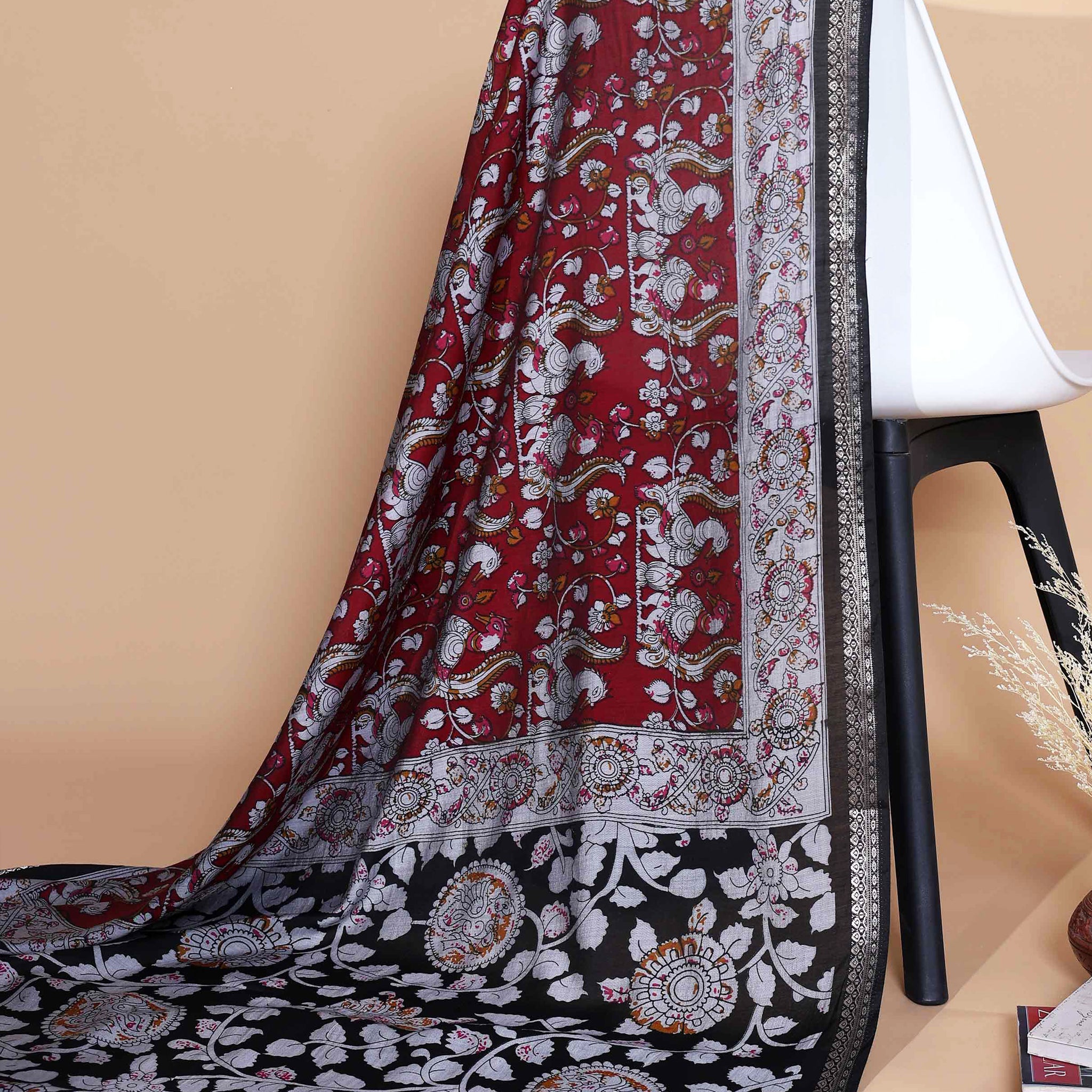 Elegant Semi Chanderi Saree with Traditional Kalamkari Handcrafted Motifs and Intricate Zari Border - Red
