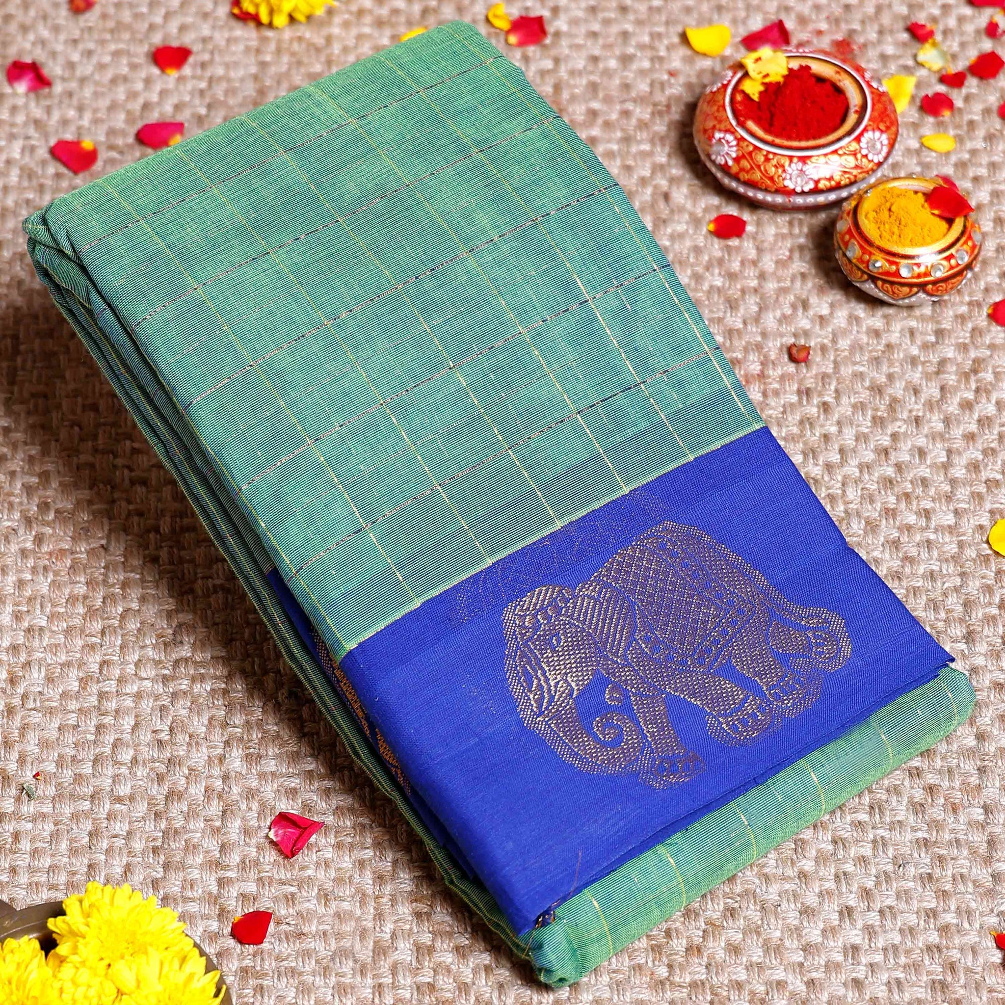 Traditional Chettinad Cotton Saree with Elephant Motif Border and Checkered Body  - Green