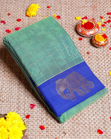 Traditional Chettinad Cotton Saree with Elephant Motif Border and Checkered Body  - Green