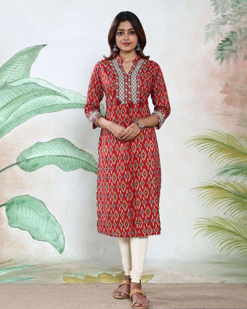 Women’s Ethnic Printed Straight Cut Kurta with Geometric Motif Design 3/4th Sleeves - Red