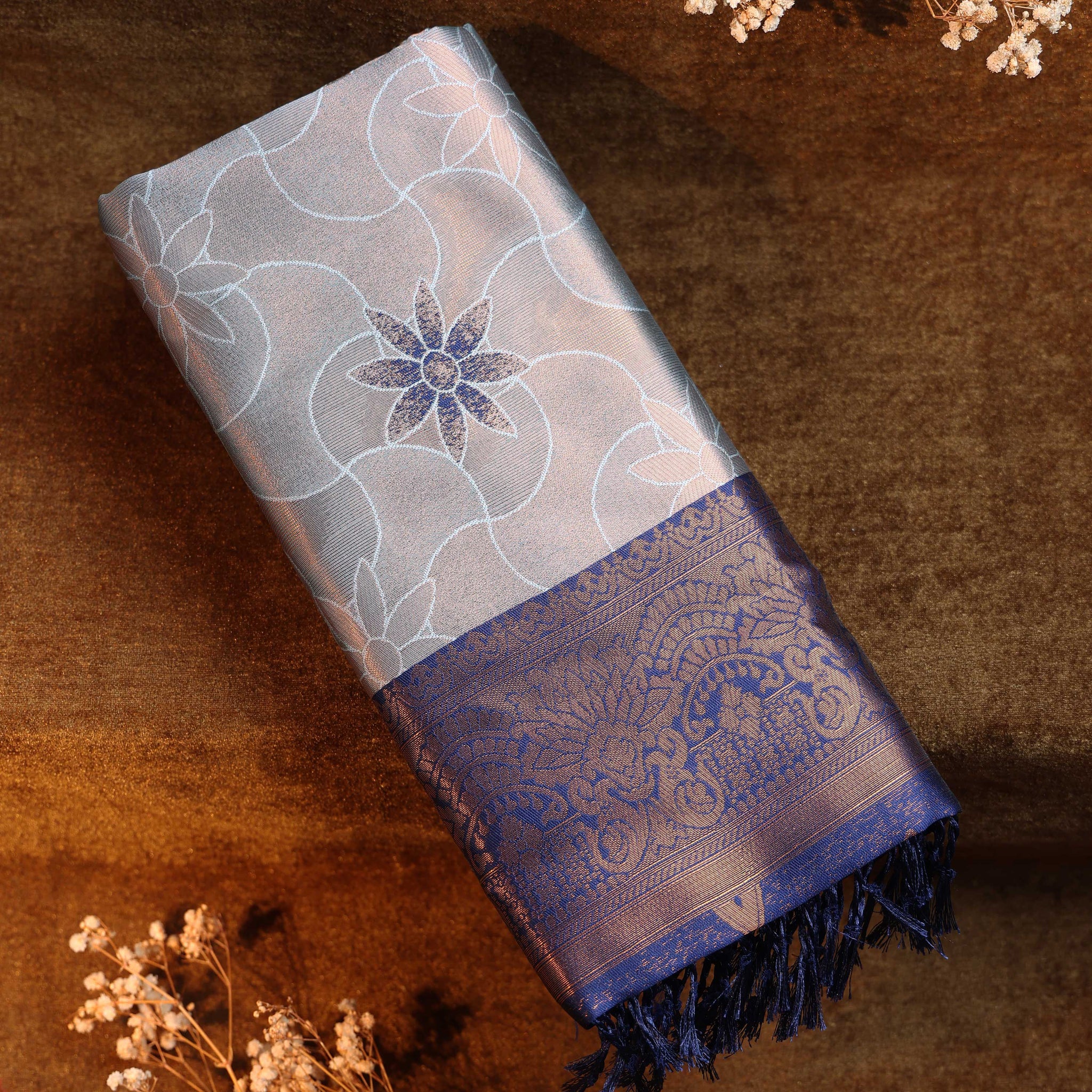 Zari Woven Litchi Silk Saree - Grey