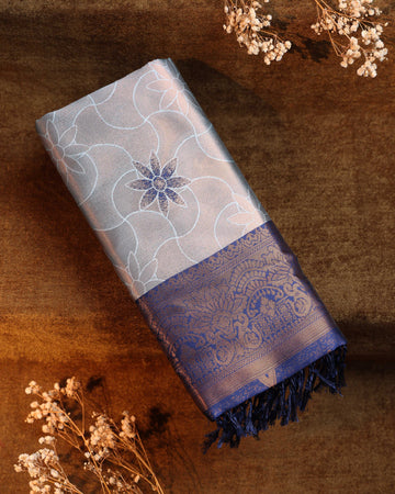 Zari Woven Litchi Silk Saree - Grey