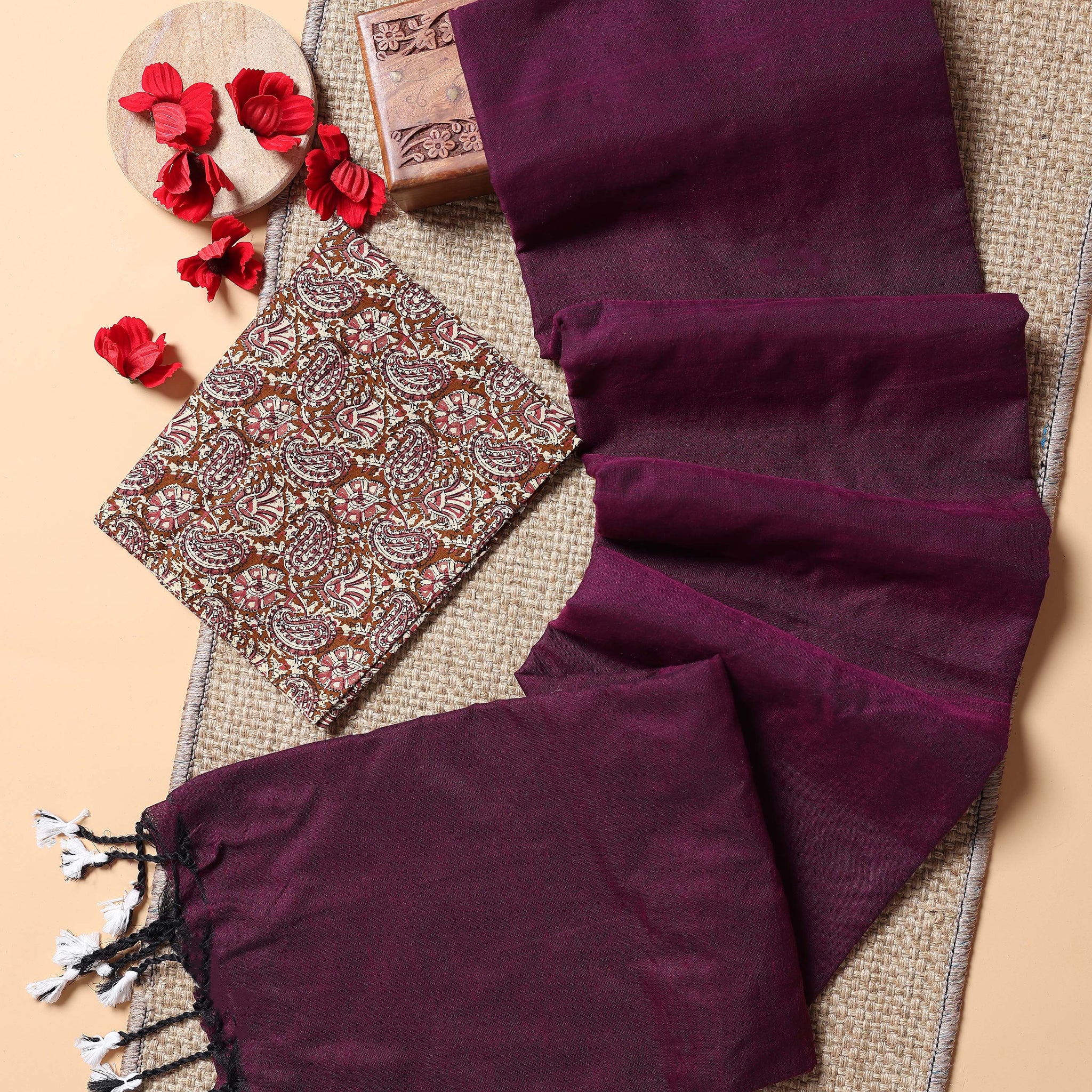 Handwoven Khadi Cotton Saree with Contrast Printed Blouse and Tassel Accents - Purple
