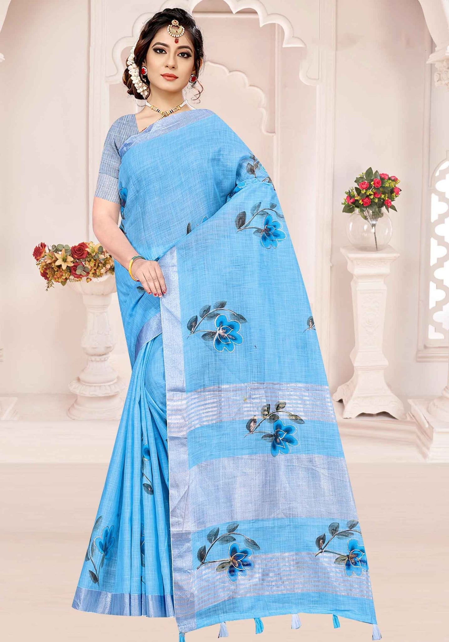 Sky Blue Color Linen Cotton Sarees - LC07