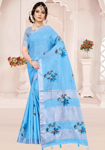 Sky Blue Color Linen Cotton Sarees - LC07