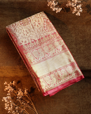 Ethnic Thread Design Litchi Silk Saree - Red