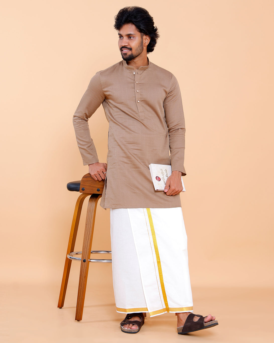 Elegant Men's Woven Design Kurta with Mandarin Collar and Full Sleeves - Light Brown