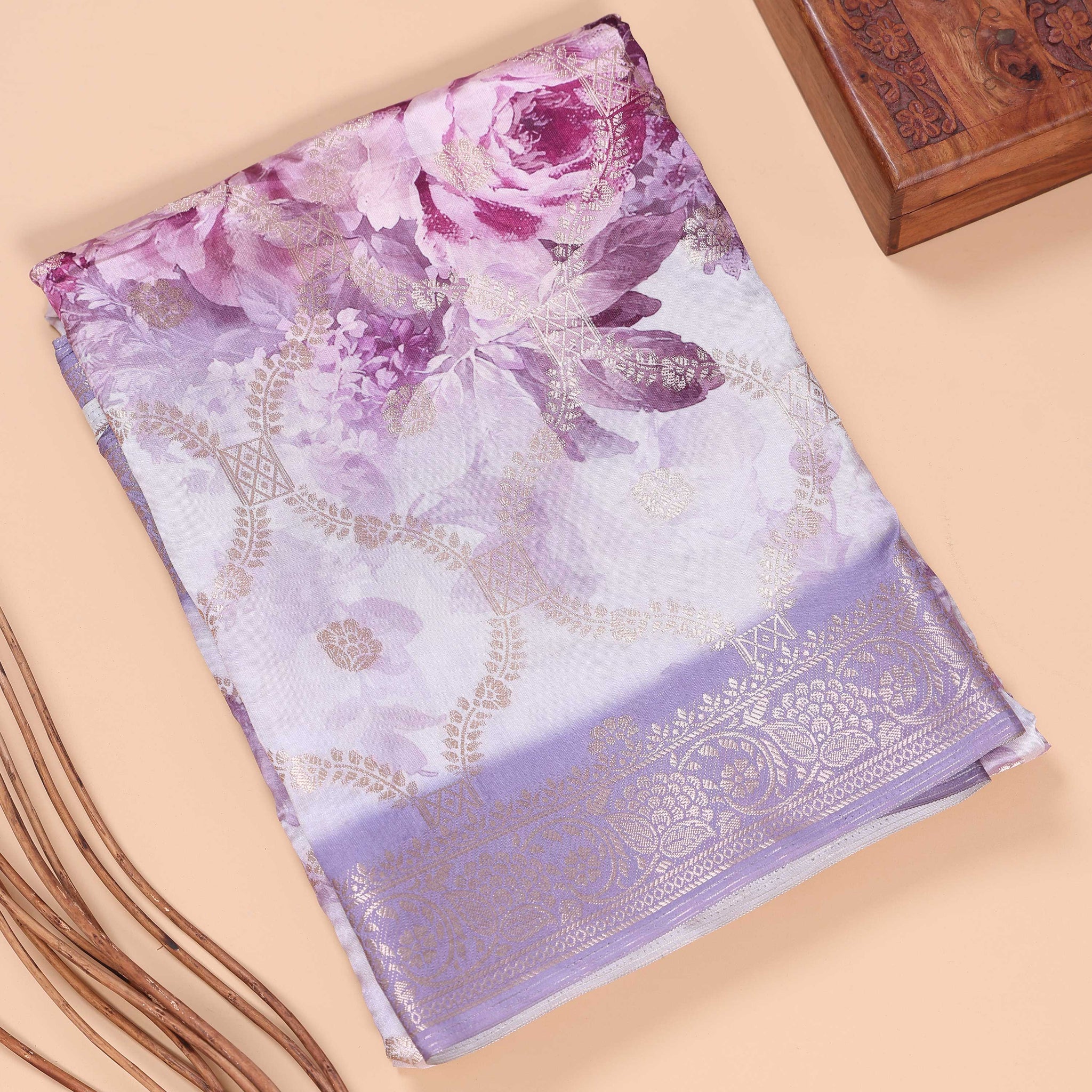 Floral Pattern Dola Silk Saree With Woven Border - Purple
