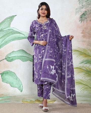 Women’s Floral Printed Readymade Salwar Suit Set with Straight Kurta Matching Pants and Dupatta - Purple