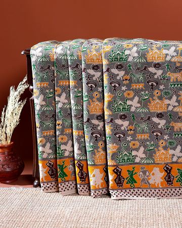 Traditional Handloom Kalamkari Cotton Saree with Intricate Floral and Avian Motifs - Grey