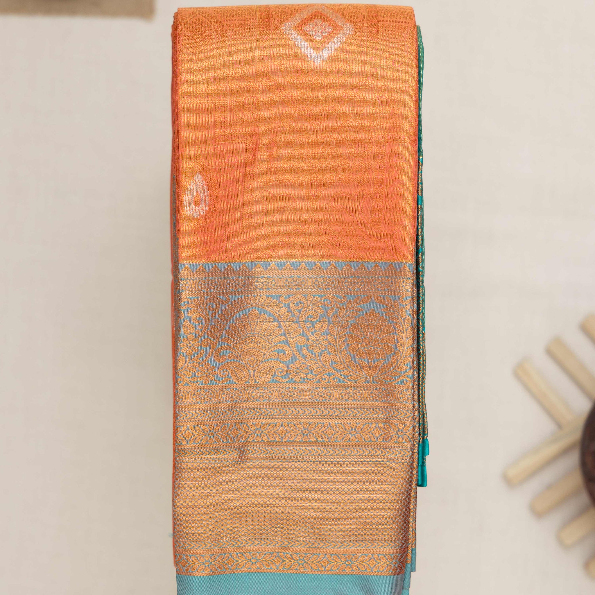 Orange Printed Kanchipuram Tissue Saree