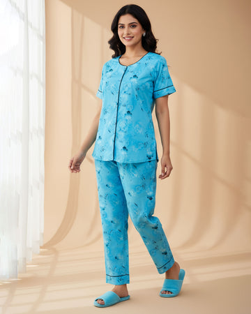 Women's Floral Print Short Sleeve Night Wear  - Blue