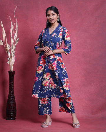 Elegant Women’s Floral Printed Palazzo Set with Stylish Kurta and Comfortable Wide-Leg Pants - Blue