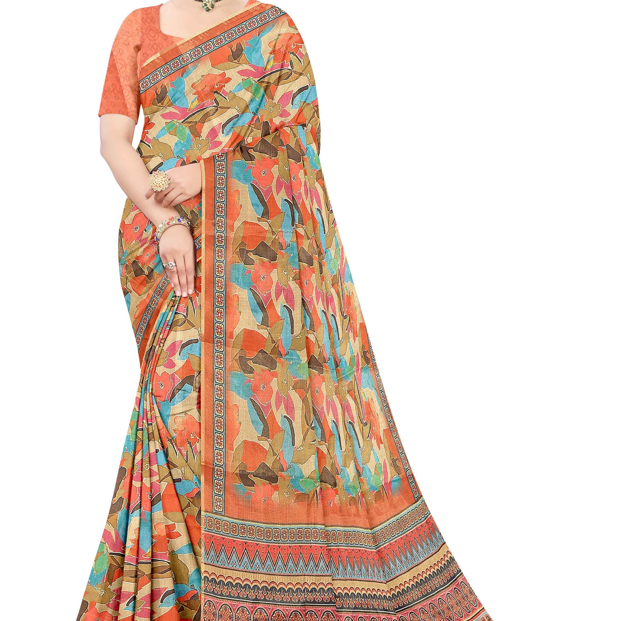Designer Linen Cotton Saree with Abstract Print - Multi