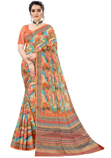 Designer Linen Cotton Saree with Abstract Print - Multi