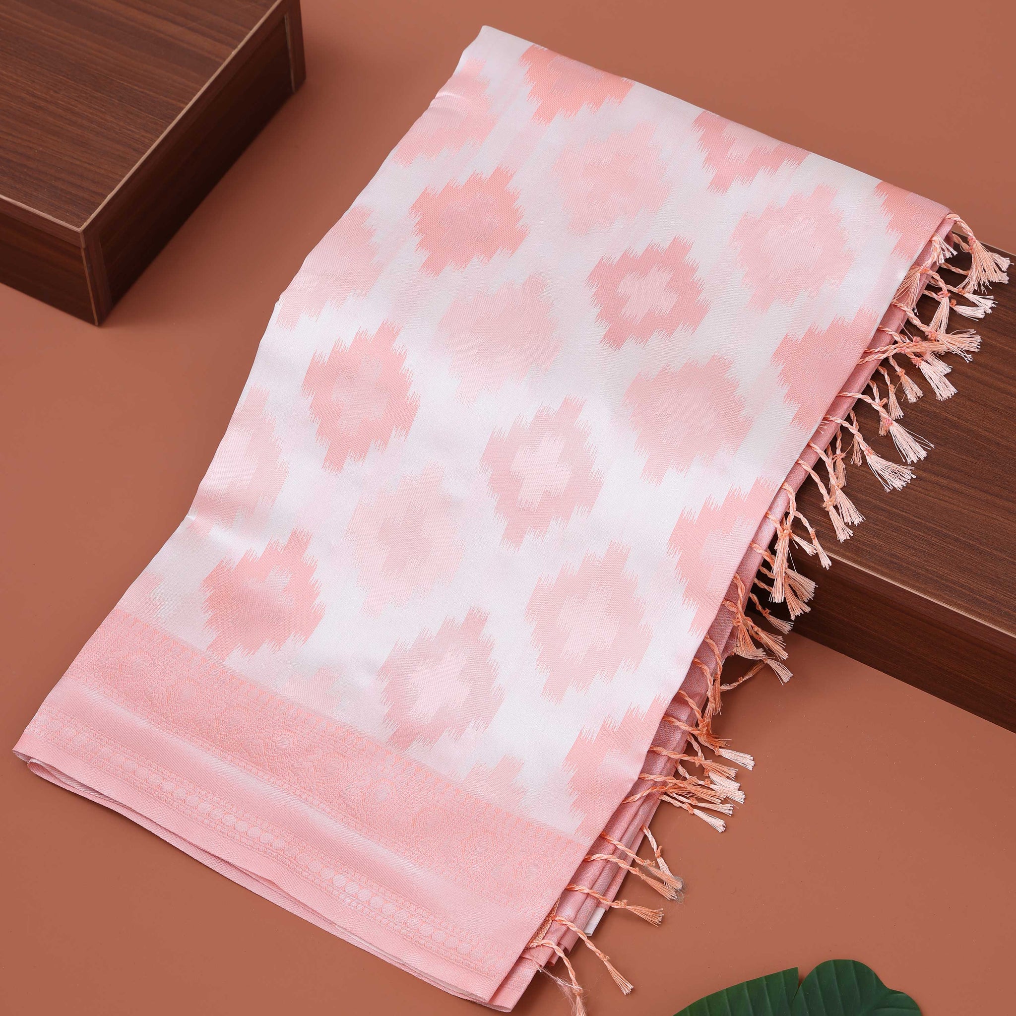 Elegant Ikat Pattern Litchi Silk Saree - White