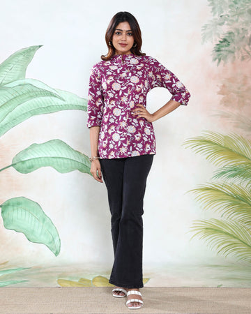 Women’s Floral Printed Straight Cut Kurti with Mandarin Collar Front Button Placket & 3/4th Sleeves - Purple