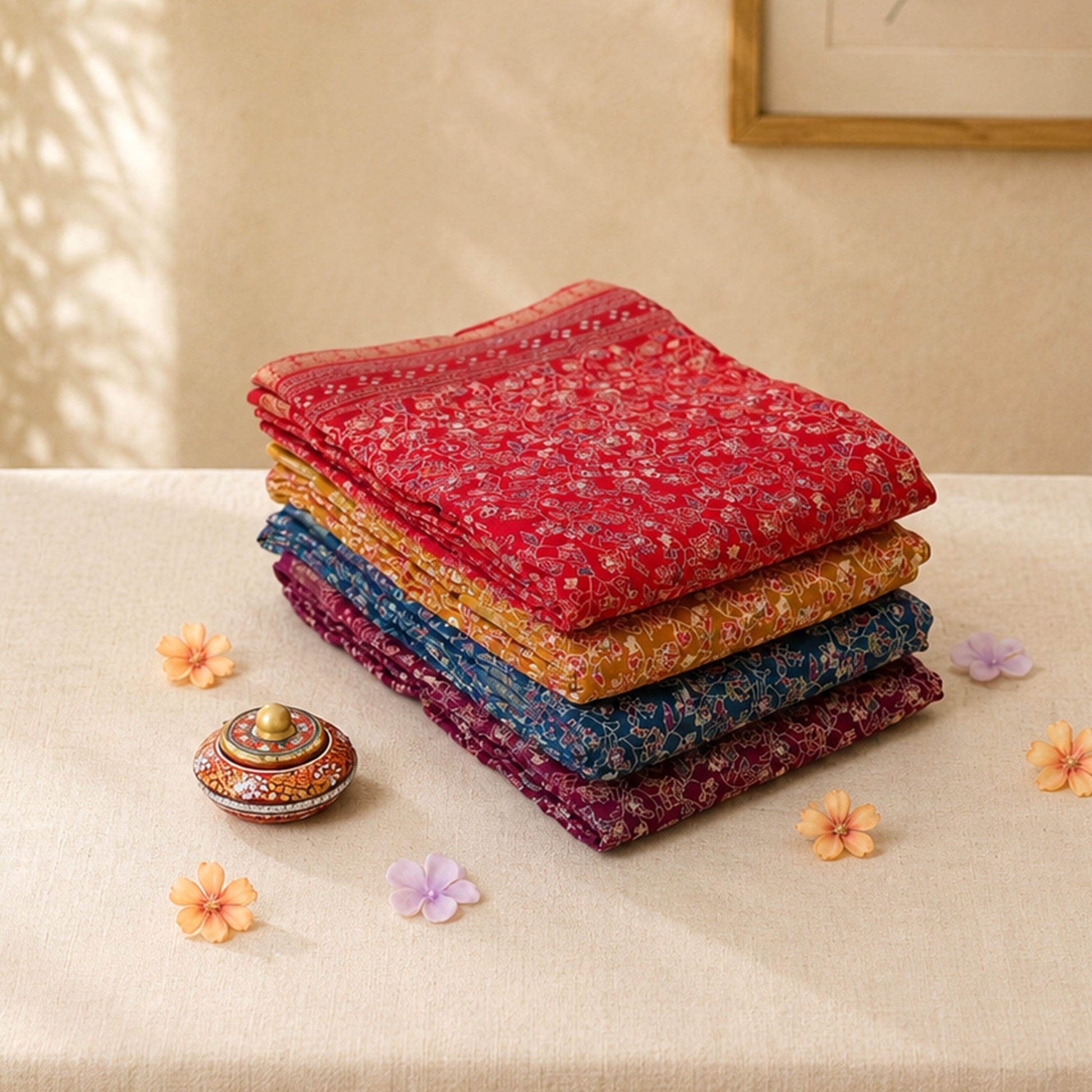 Art silk saree collection with floral vine prints in assorted colors folded stack display on tabletop