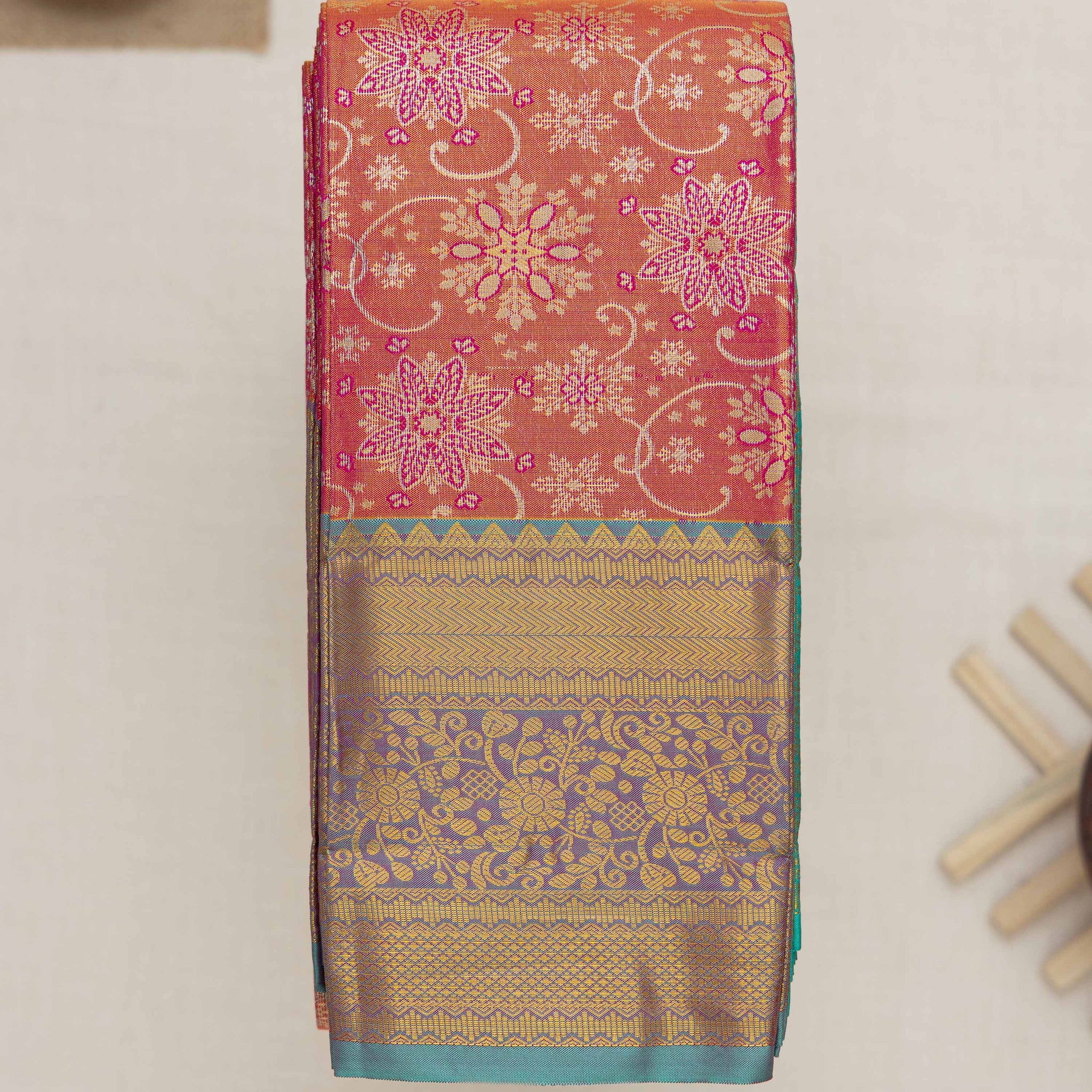 Red Printed Kanchipuram Tissue Saree