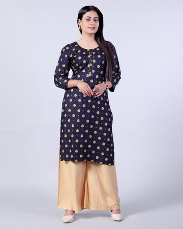 Women's Ethnic Motif Printed Kurta with Palazzo Set - Navy Blue