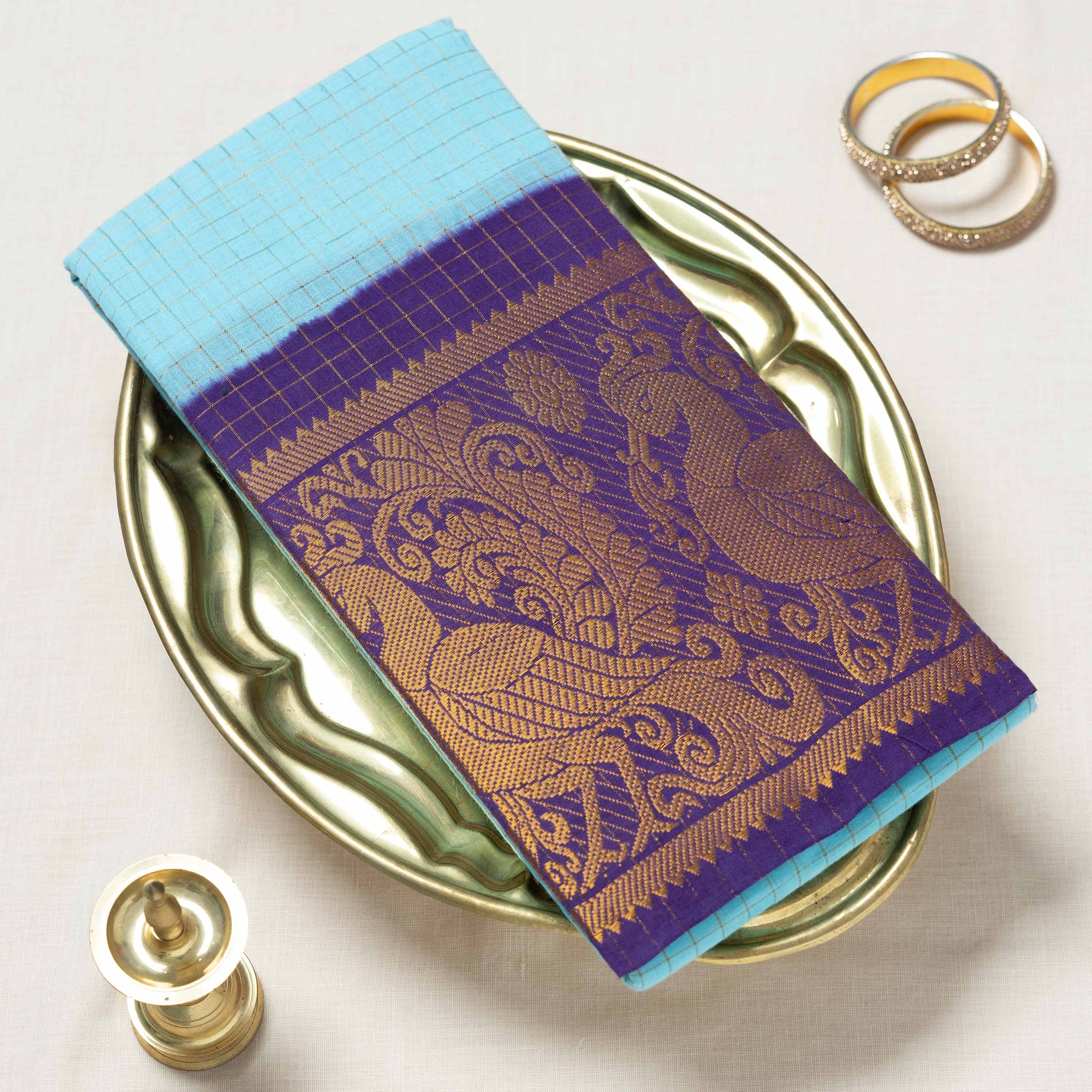 Sky Blue Checked Sungudi Cotton Saree