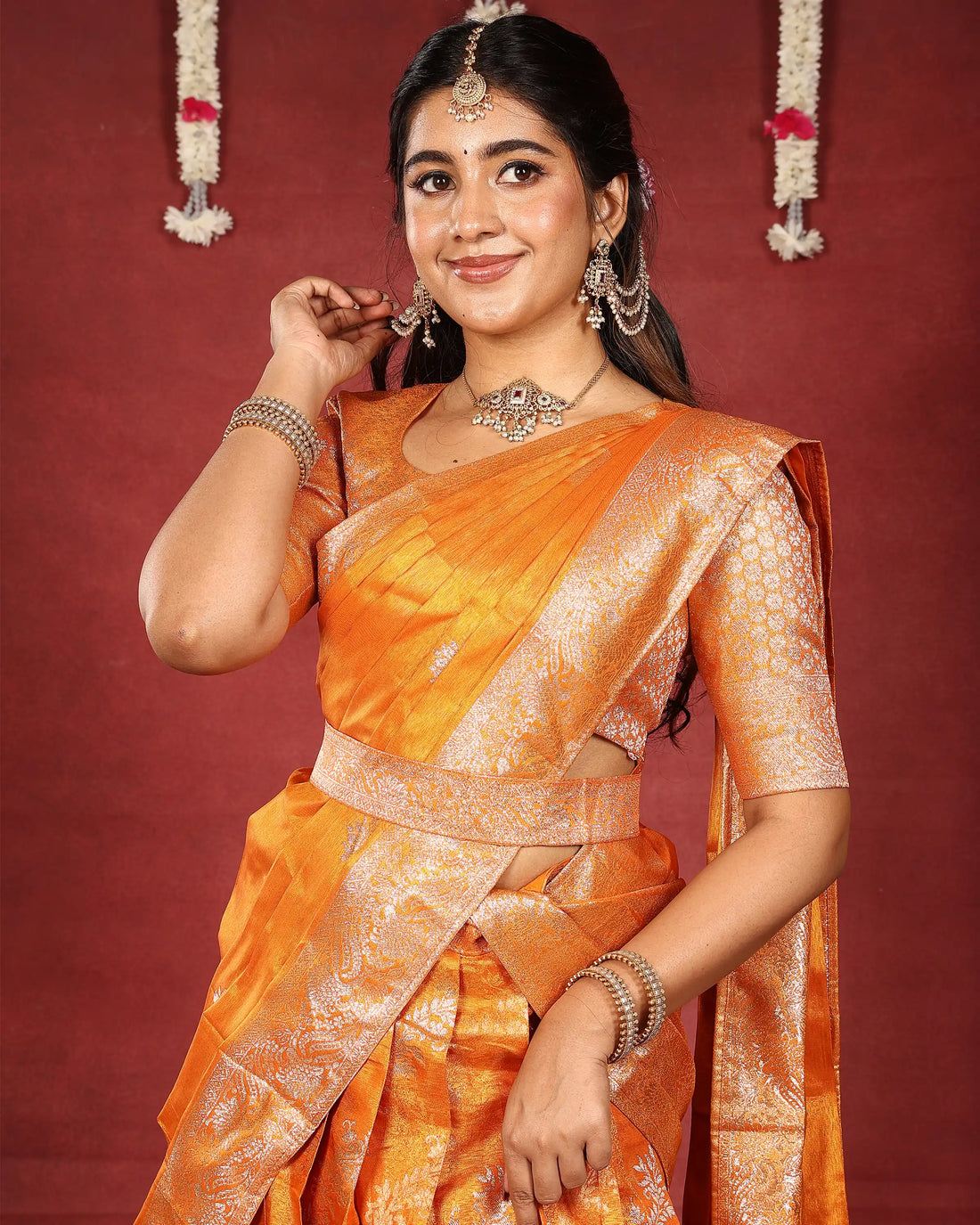 Women’s Semi Stitched Dhavani Set with Intricate Floral Zari Woven Patterns Designer Blouse - Orange