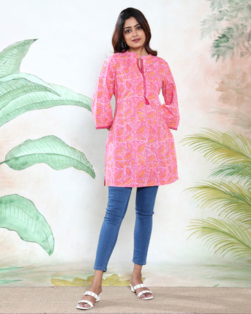 Women’s Floral Printed Straight Kurti with Mandarin Collar, Button-Down Placket & 3/4th Sleeves - Pink