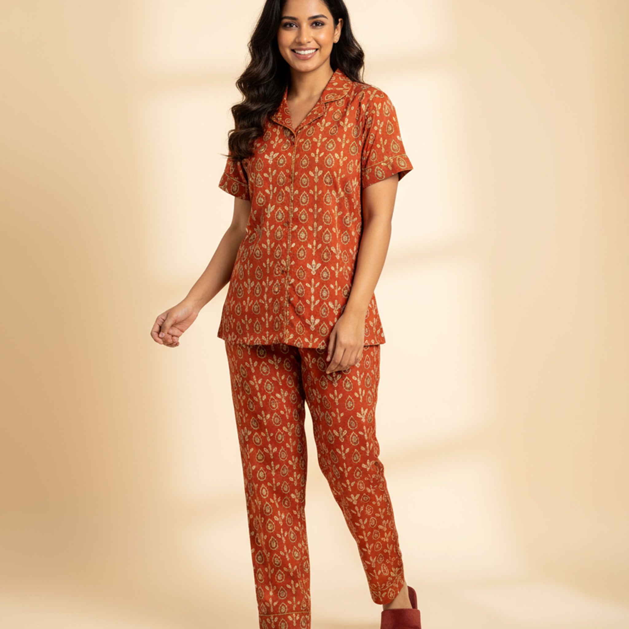 Women's Leaf Print Short Sleeve Night Wear - Orange