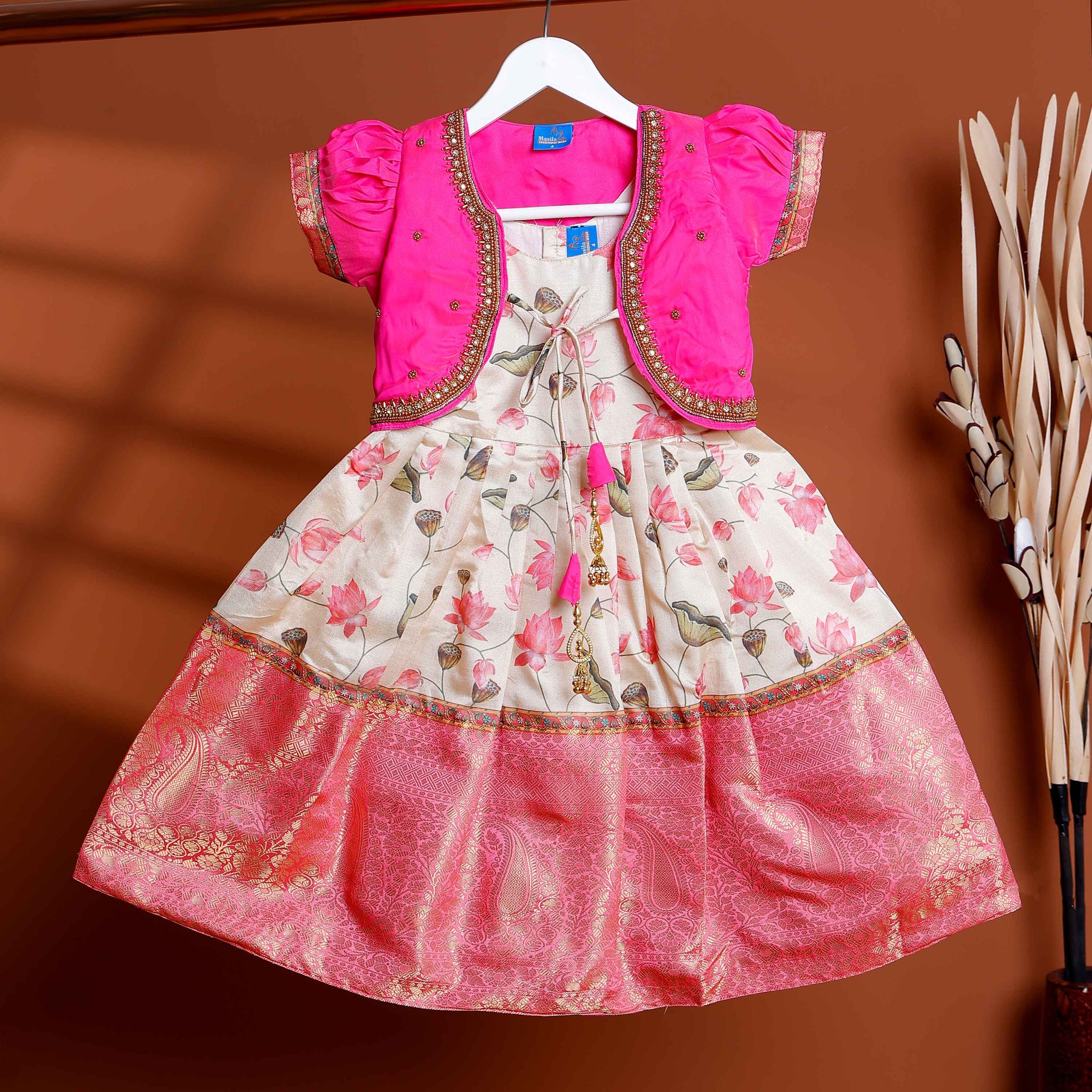 Traditional Kids Readymade Pattu Pavadai with Embellished Jacket - Pink