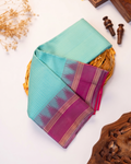 Elegant Kanchipuram Pure Silk Saree with Checked Body and Traditional Ikkat Inspired Zari Woven Border - Sky Blue