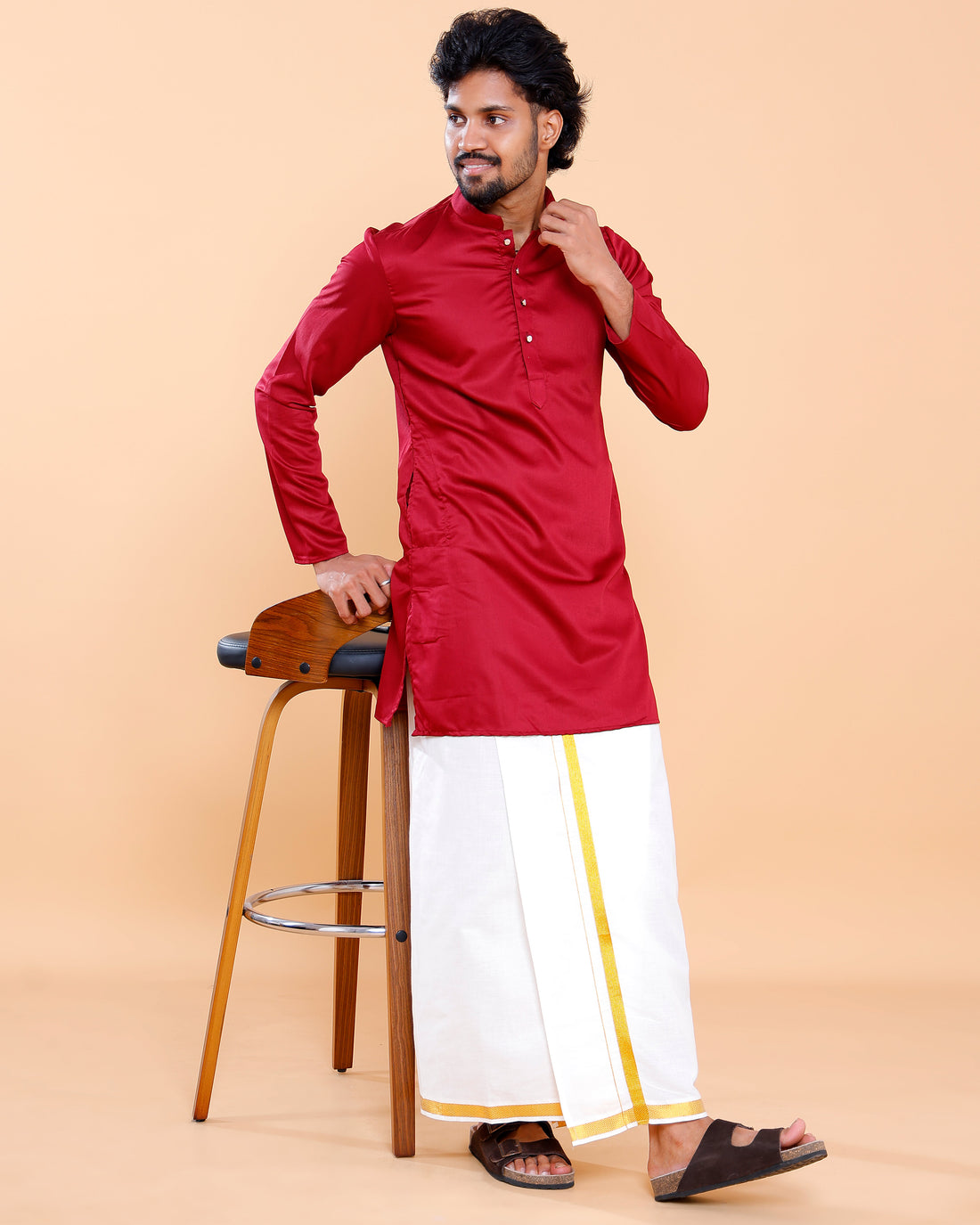 Elegant Men's Solid Mandarin Collar Kurta with Full Sleeves - Red