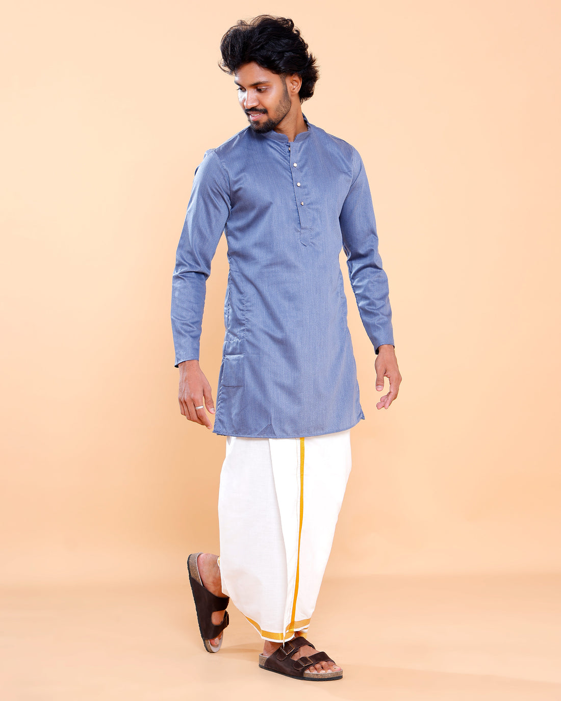 Elegant Men's Solid Mandarin Collar Kurta with Full Sleeves - Blue