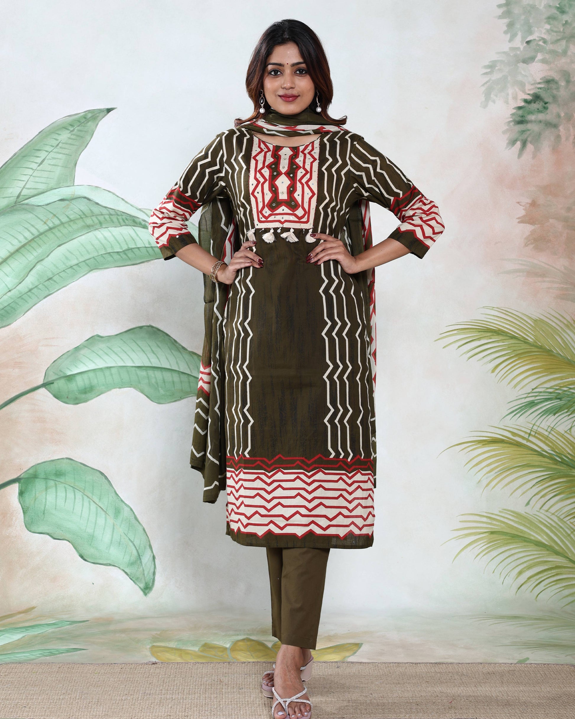 Women’s Readymade Zigzag and Striped Printed Straight Kurta Salwar Suit Set with Round Neck 3/4th Sleeves and Designer Printed Dupatta, Light Green