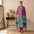 Light Blue Cotton Salwar Material With Striped Weave Magenta Dupatta And Striped Border Front View